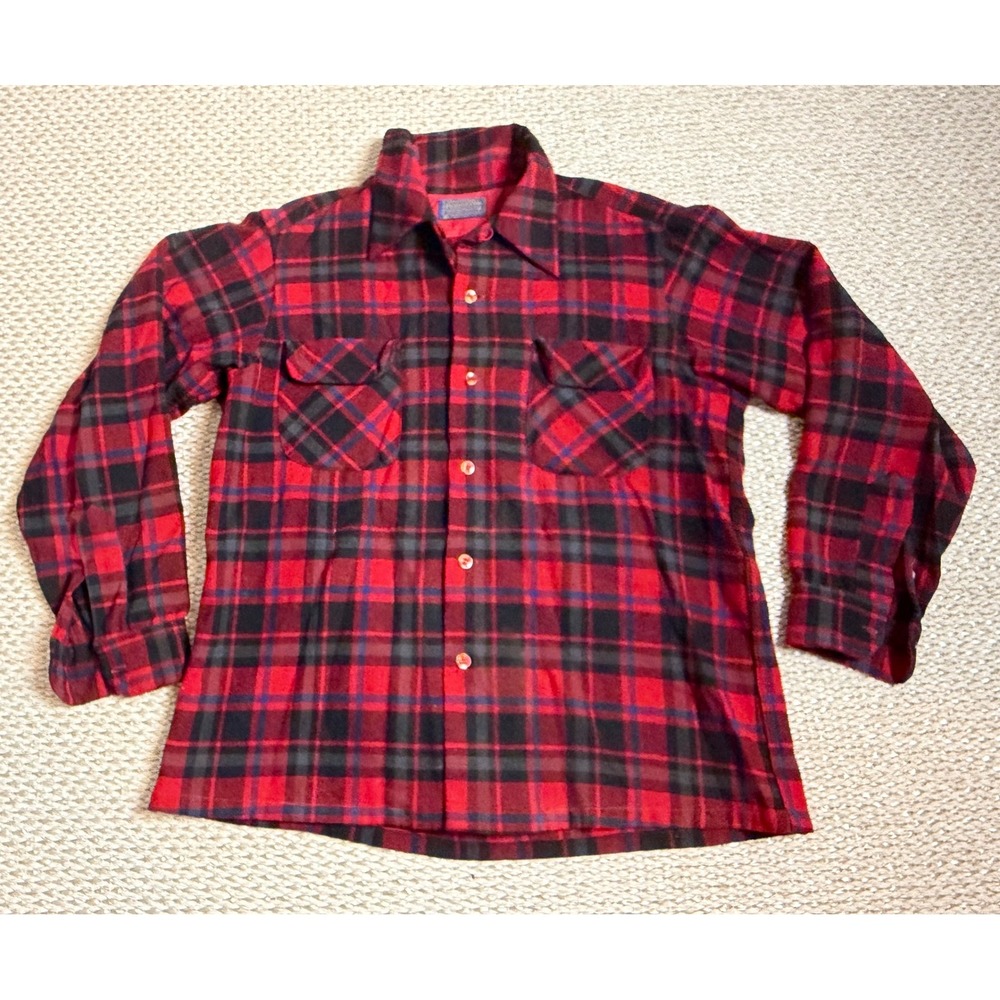 Vintage Pendleton Board Shirt Buffalo Plaid Wool Flannel Mens L loop collar USA